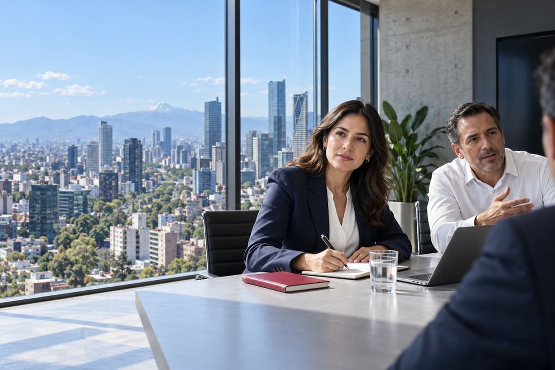 Ejecutivos en una sala de juntas con vista a la Ciudad de México