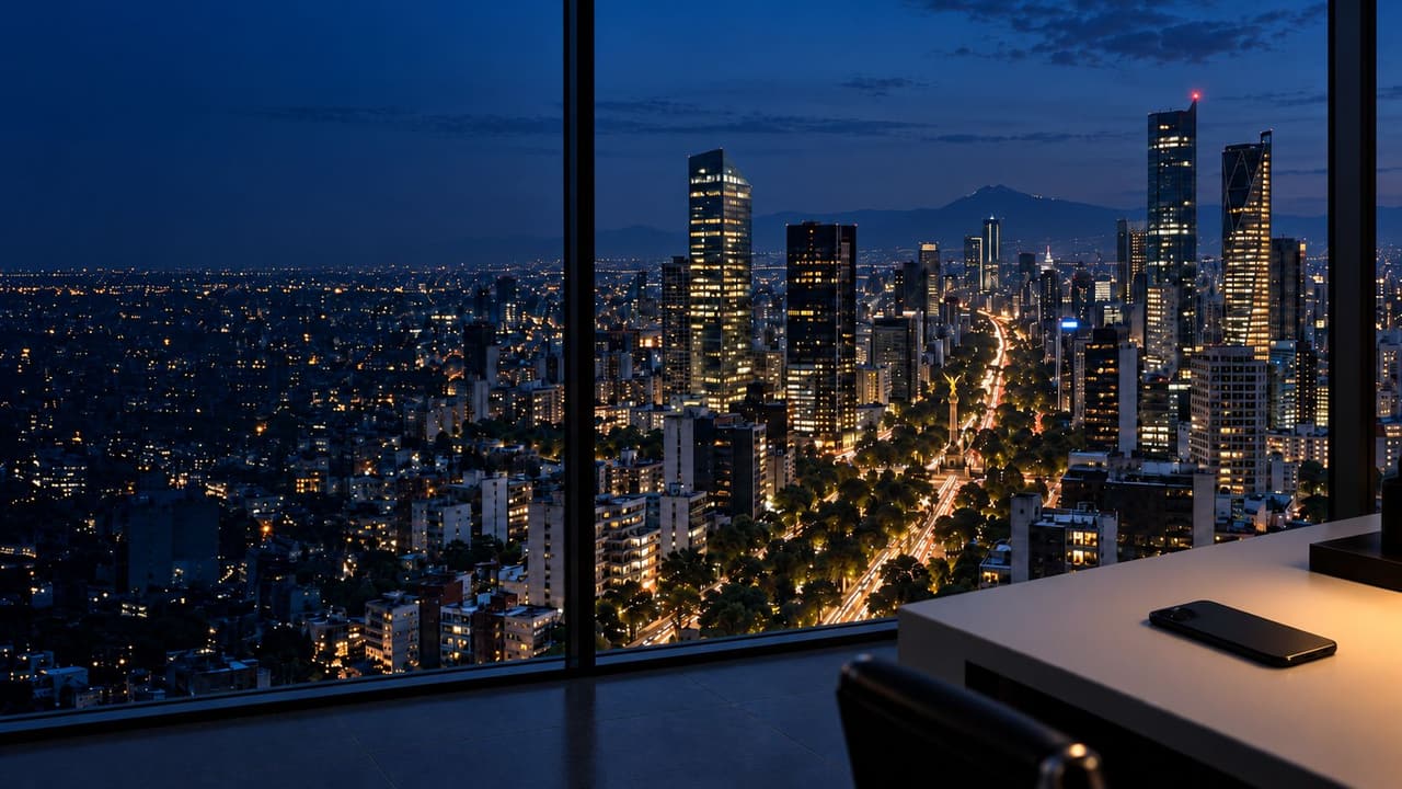 Vista nocturna de Paseo de la Reforma y el Ángel de la Independencia