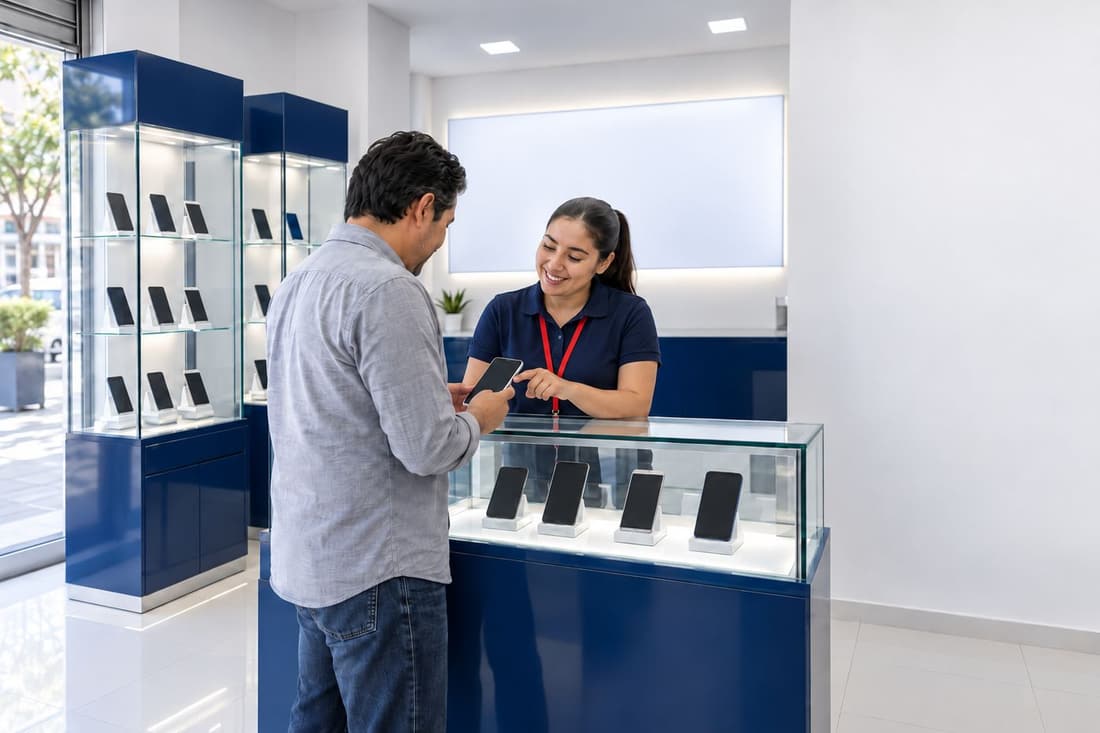 Asesora AGCOM atiende a un cliente en un punto de venta AGCOM y Telcel